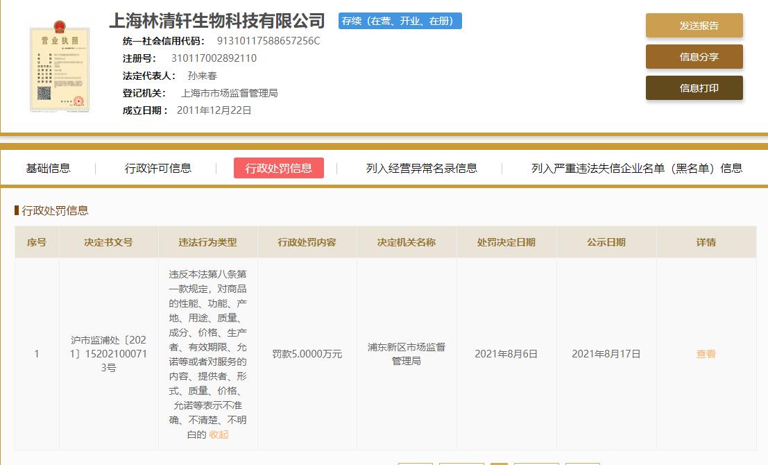 “林清轩”违反广告法被罚 对产品性能、质量、价格等表示不准确